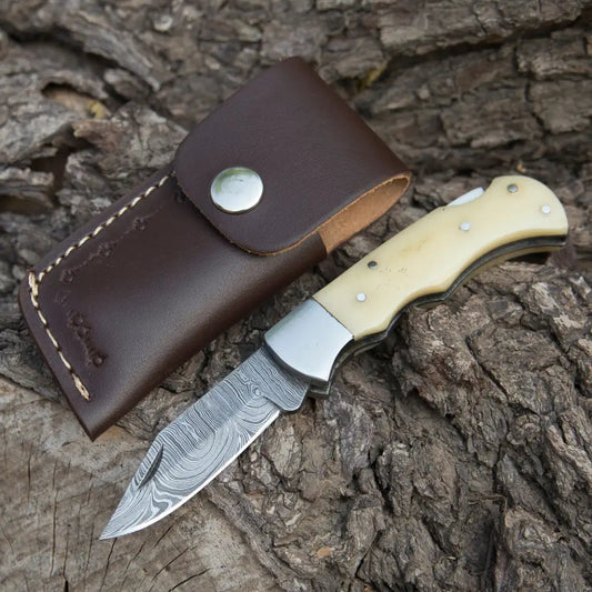 Handmade Damascus Pocket Knife - 6.5 Back Lock Folding Bone Handle Camping