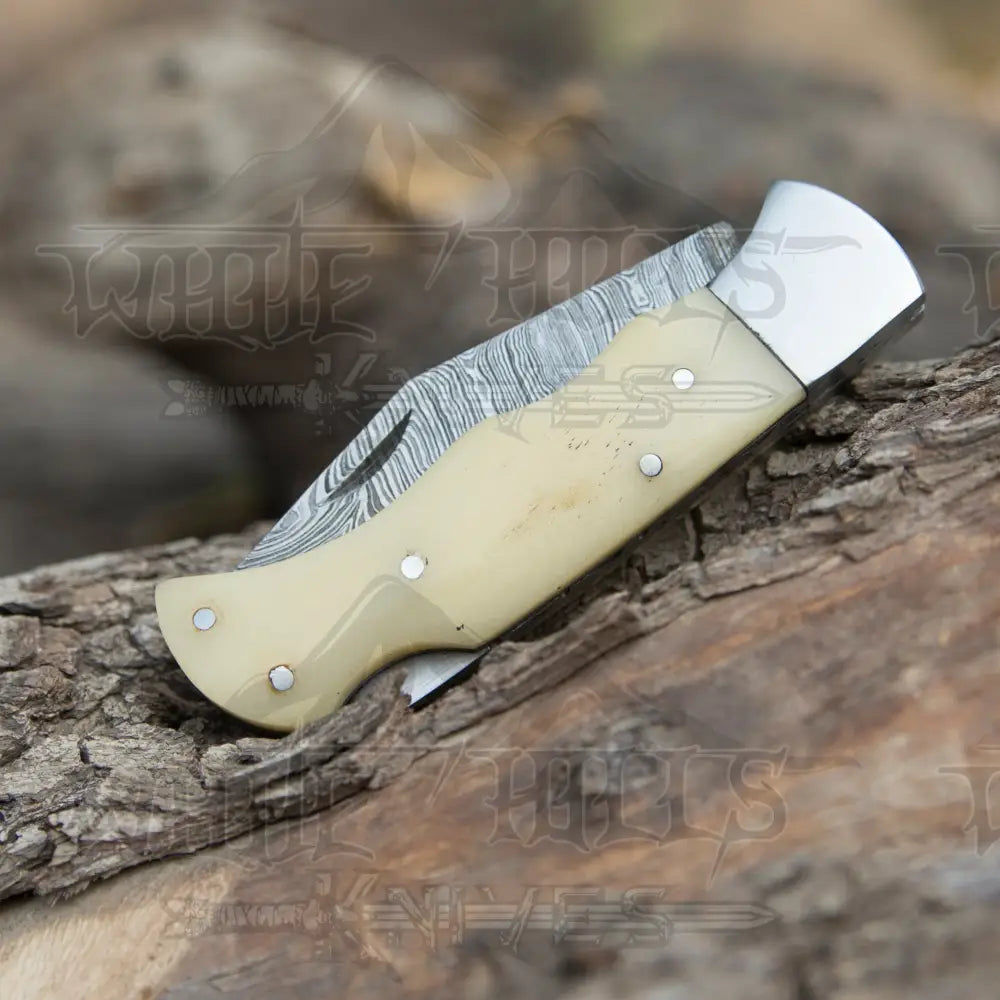 Handmade Damascus Pocket Knife - 6.5 Back Lock Folding Bone Handle Camping