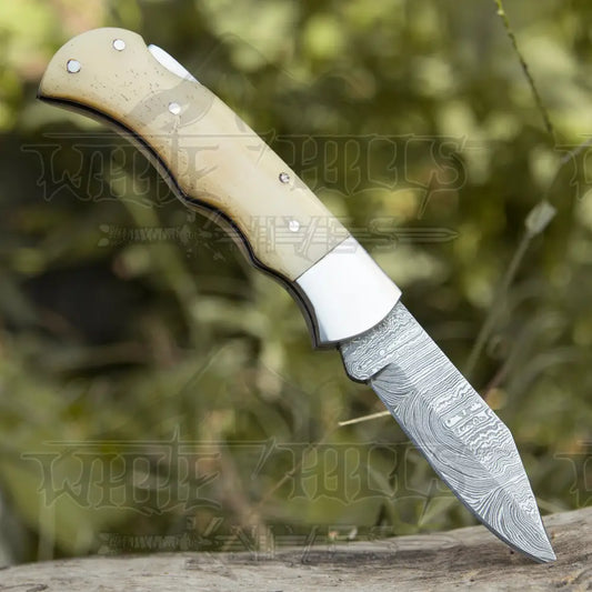 Handmade Damascus Pocket Knife - 6.5 Back Lock Folding Bone Handle Camping
