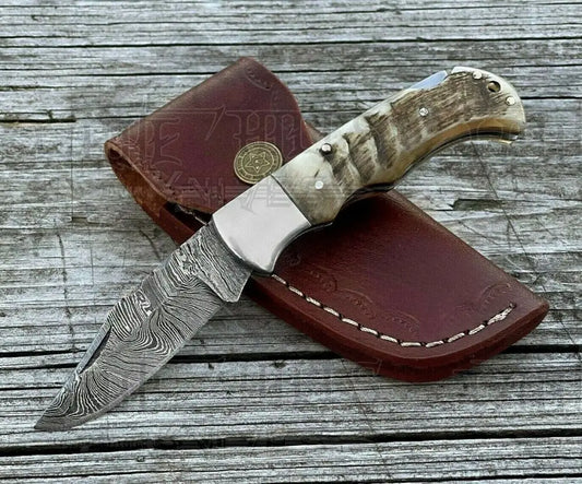 Handmade Damascus Pocket Knife - 6.5 Back Lock Folding Ram Horn Handle Camping