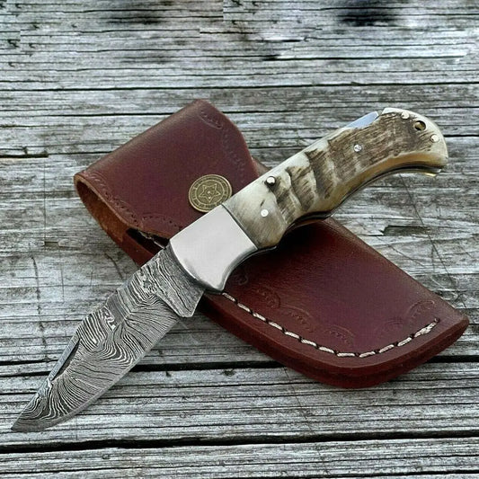 Handmade Damascus Pocket Knife - 6.5 Back Lock Folding Ram Horn Handle Camping