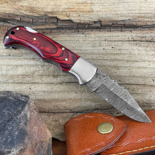Handmade Damascus Pocket Knife - 6.5 Back Lock Folding Red Stained Wood Handle Camping