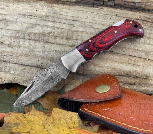 Handmade Damascus Pocket Knife - 6.5 Back Lock Folding Red Stained Wood Handle Camping