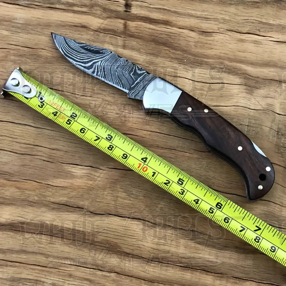 Handmade Damascus Pocket Knife - 6.5 Back Lock Folding Wood Handle Camping