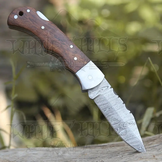 Handmade Damascus Pocket Knife - 6.5 Back Lock Folding Wood Handle Camping