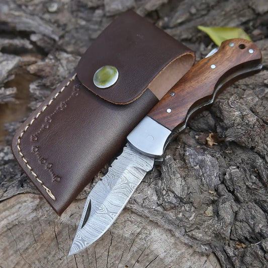 Handmade Damascus Pocket Knife - 6.5 Back Lock Folding Wood Handle Camping