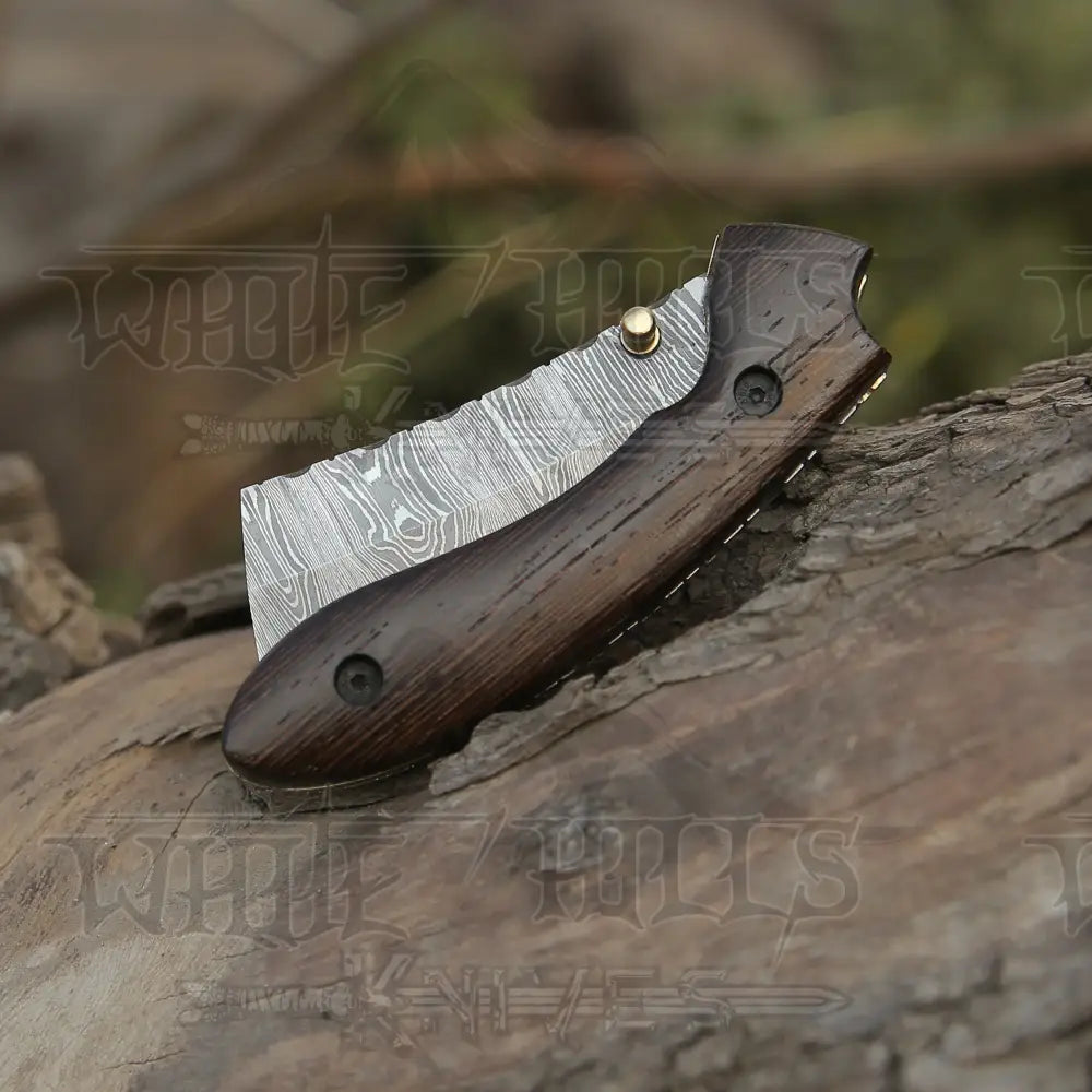 Handmade Damascus Pocket Knife - Folding Bull Cutter Wood Handle Wh 5033