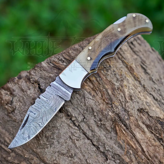Handmade Damascus Pocket Knife with Pocket Clip - 6.5’’ Back Lock Folding Knife Ram Horn Handle Folding Knife