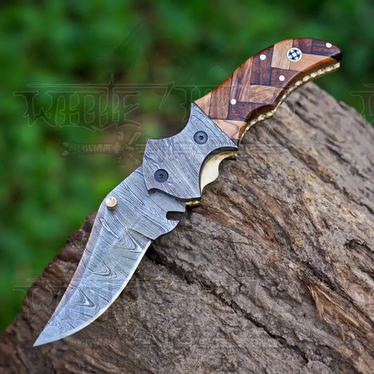 Handmade Damascus Pocket Knife with Pocket Clip - Damascus Bolster With Olive & Dark Wood Handle WH 3527-CP Olive &