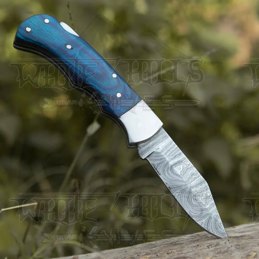 Handmade Damascus Rose Pocket Knife - 6.5 Back Lock Folding And Camping With Wood Handle