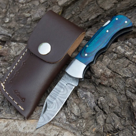 Handmade Damascus Rose Pocket Knife - 6.5 Back Lock Folding And Camping With Wood Handle