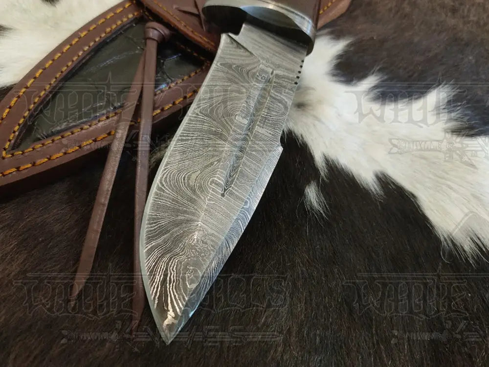 Handmade Damascus Skinner Knife - Camping Knife Wood Handle & Bolster