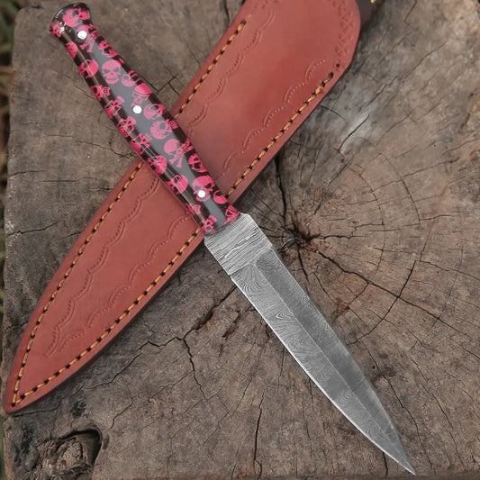 Handmade Damascus Steel Dagger Knife - 10’ Full Tang Red Skull Resin Handle Boot