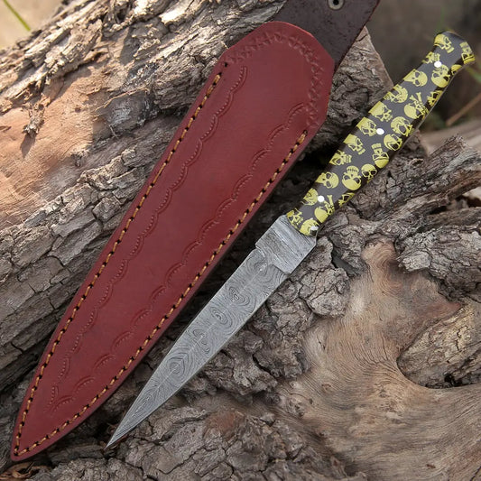 Handmade Damascus Steel Dagger Knife - 10’ Full Tang Yellow Skull Resin Handle Boot
