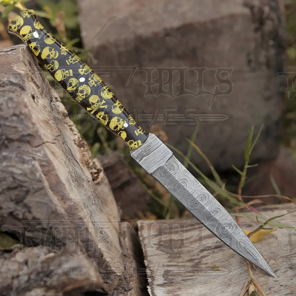 Handmade Damascus Steel Dagger Knife - 10’ Full Tang Yellow Skull Resin Handle Boot