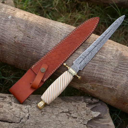 Handmade Damascus Steel Dagger Knife - 15’ Camel Bone Handle Exotic Damascus Dagger Boot