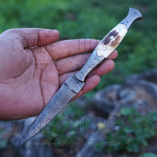 Handmade Damascus Steel Dagger Knife - 8.5’ Full Tang Stag Antler Handle Boot
