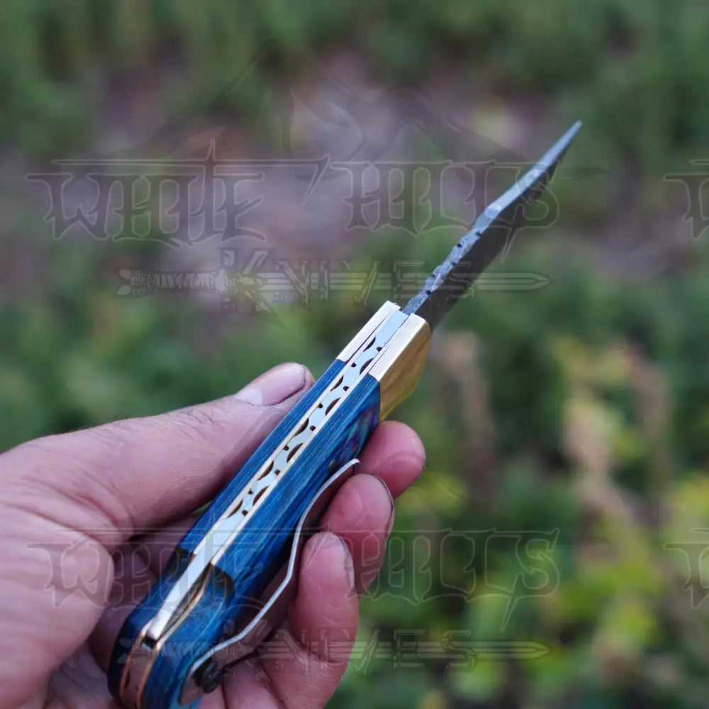 Handmade Damascus Steel Hunting Folding Knife With Pocket Clip - Camping Blade With Blue Wood