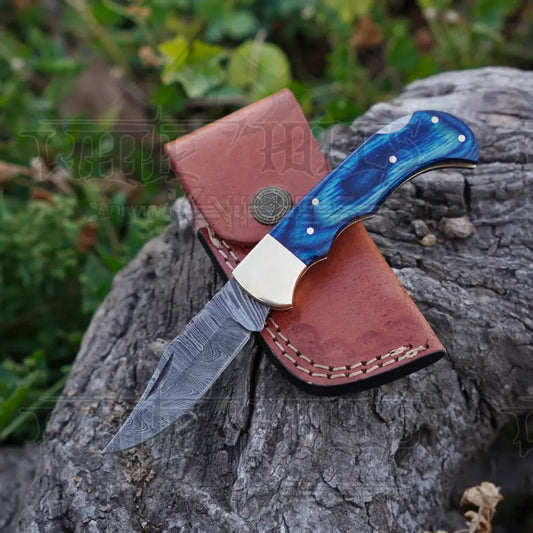 Handmade Damascus Steel Hunting Folding Knife With Pocket Clip - Camping Blade With Blue Wood