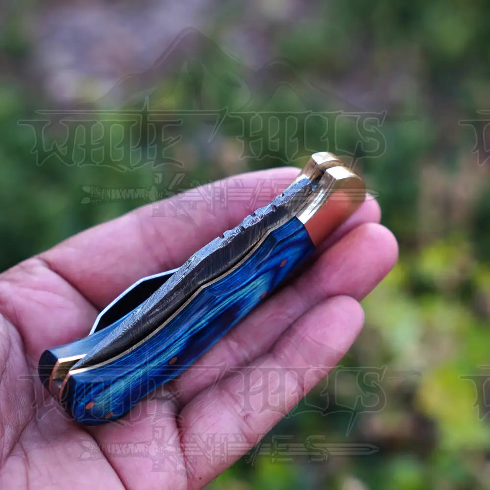 Handmade Damascus Steel Hunting Folding Knife With Pocket Clip - Camping Blade With Blue Wood