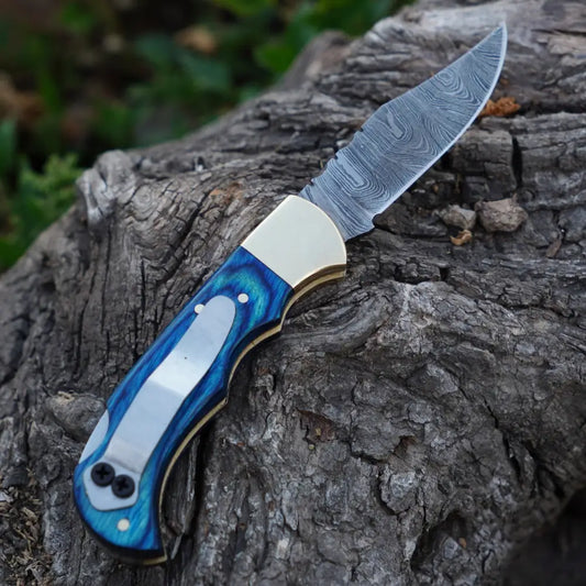 Handmade Damascus Steel Hunting Folding Knife With Pocket Clip - Camping Blade With Blue Wood