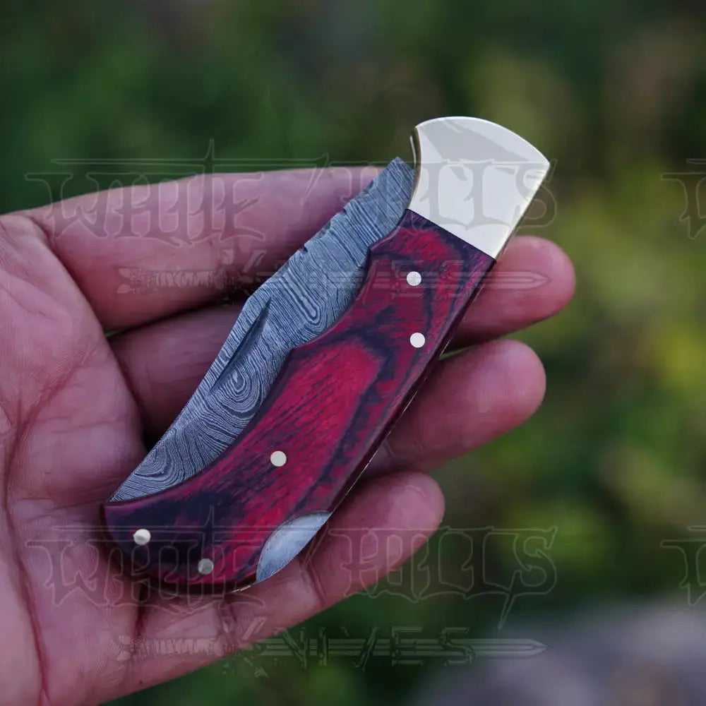 Handmade Damascus Steel Hunting Folding Knife With Pocket Clip - Camping Blade With Red Wood Handle