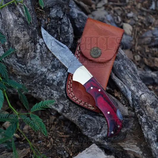 Handmade Damascus Steel Hunting Folding Knife With Pocket Clip - Camping Blade With Red Wood Handle