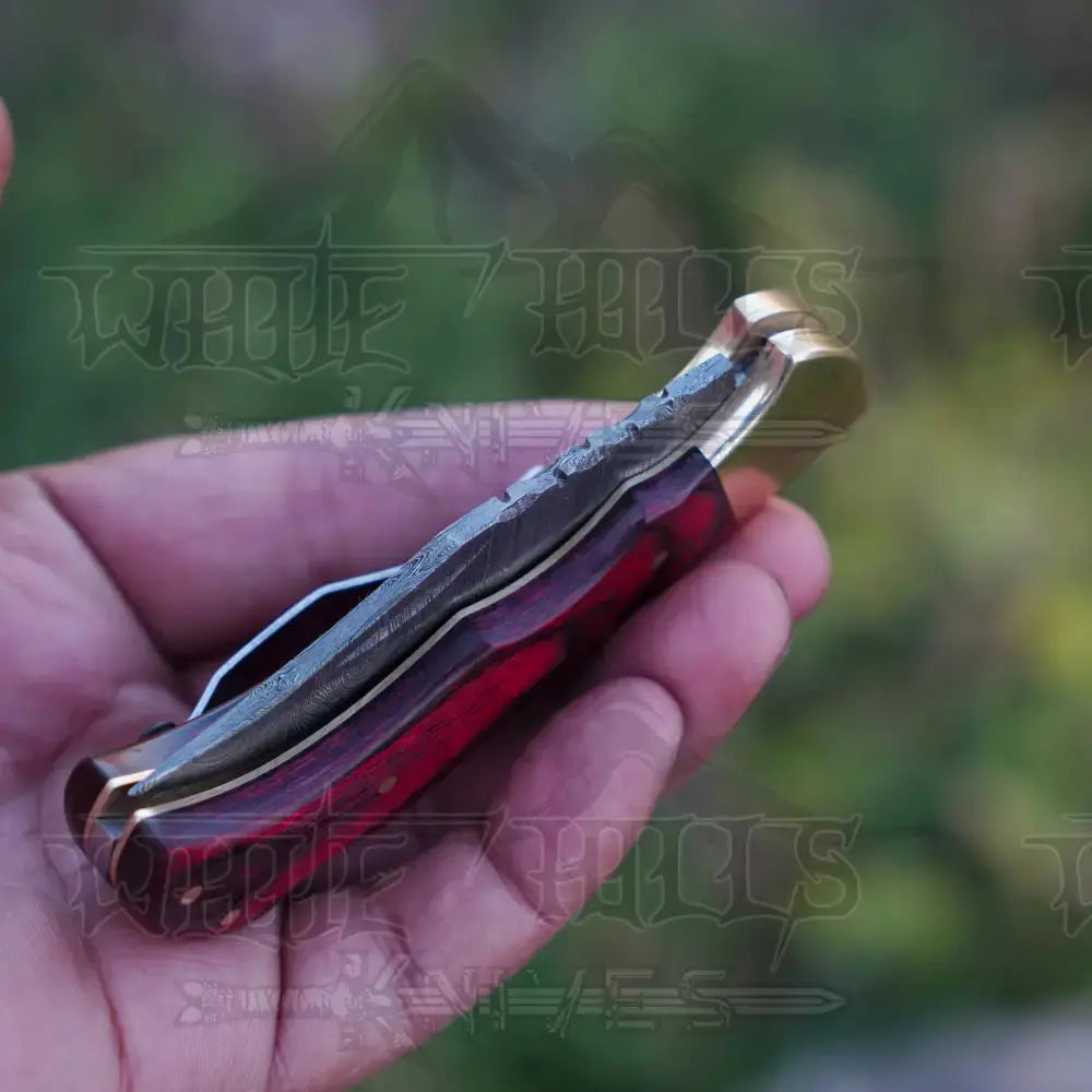 Handmade Damascus Steel Hunting Folding Knife With Pocket Clip - Camping Blade With Red Wood Handle