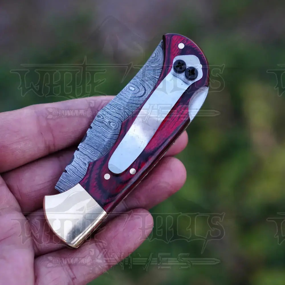 Handmade Damascus Steel Hunting Folding Knife With Pocket Clip - Camping Blade With Red Wood Handle