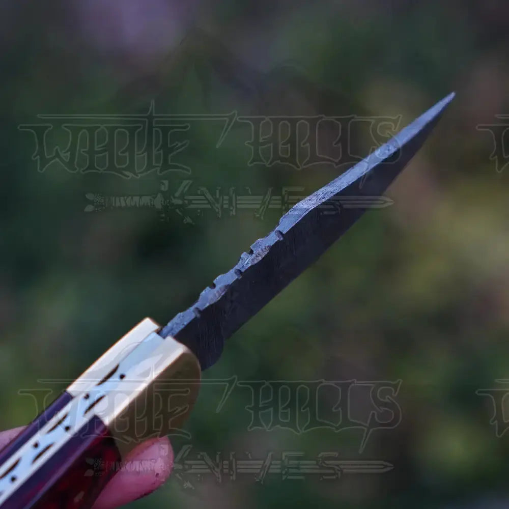 Handmade Damascus Steel Hunting Folding Knife With Pocket Clip - Camping Blade With Red Wood Handle