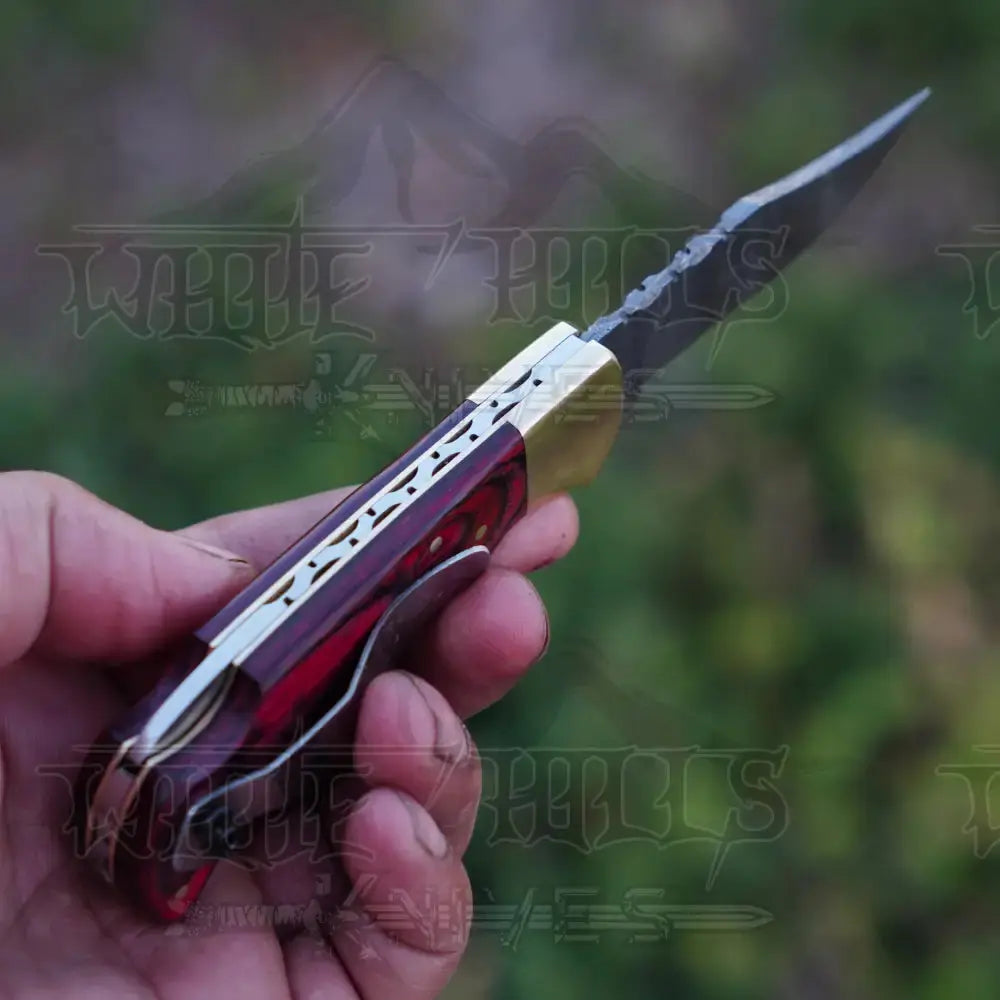 Handmade Damascus Steel Hunting Folding Knife With Pocket Clip - Camping Blade With Red Wood Handle