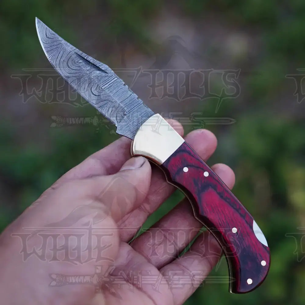 Handmade Damascus Steel Hunting Folding Knife With Pocket Clip - Camping Blade With Red Wood Handle