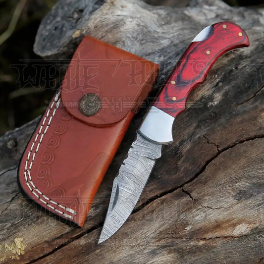 Handmade Damascus Steel Hunting Folding Knife With Pocket Clip - Camping Blade With Wood Handle