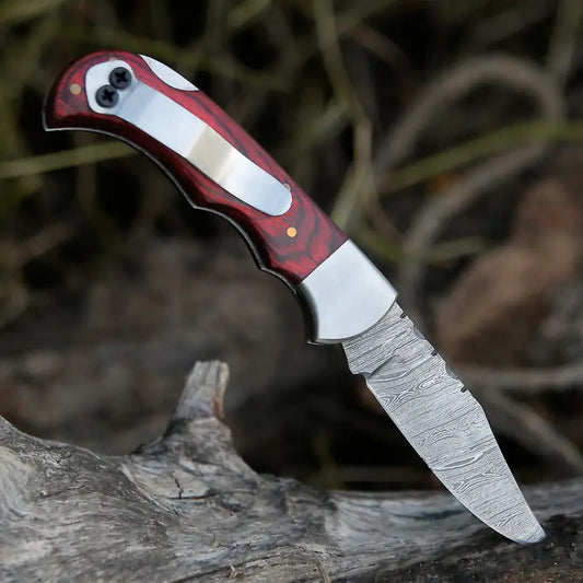 Handmade Damascus Steel Hunting Folding Knife With Pocket Clip - Camping Blade With Wood Handle