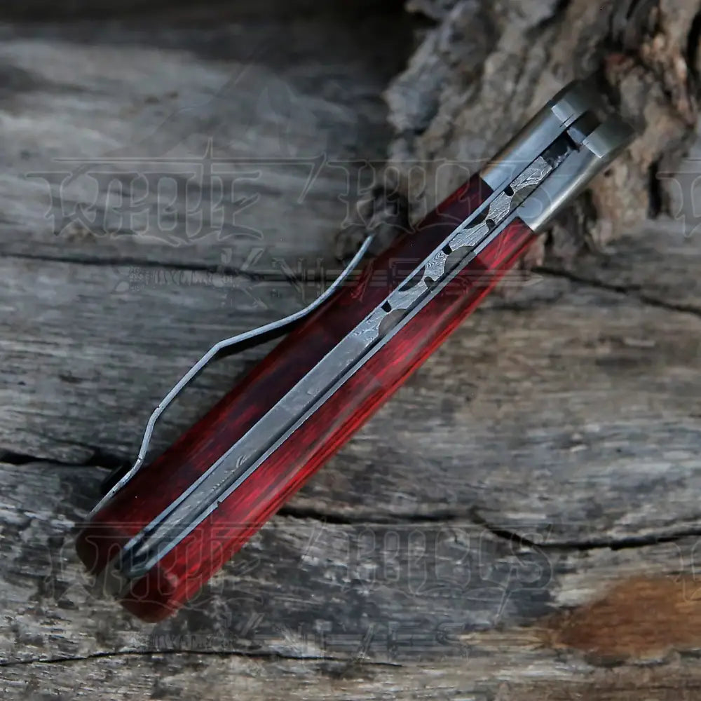 Handmade Damascus Steel Hunting Folding Knife With Pocket Clip - Camping Blade With Wood Handle