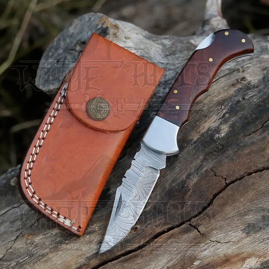 Handmade Damascus Steel Hunting Folding Knife With Pocket Clip - Camping Blade With Wood Handle