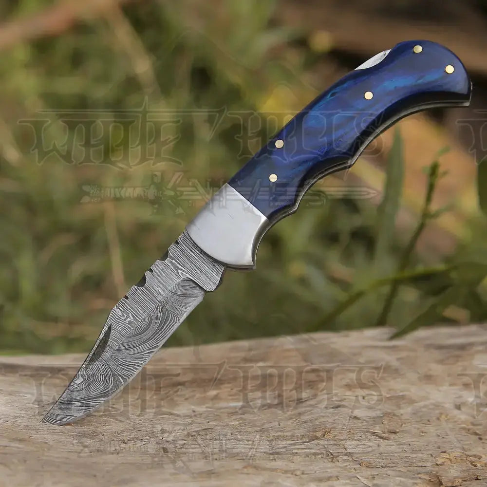 Handmade Damascus Steel Hunting Folding Knife With Pocket Clip - Camping Blade With Wood Handle Wh