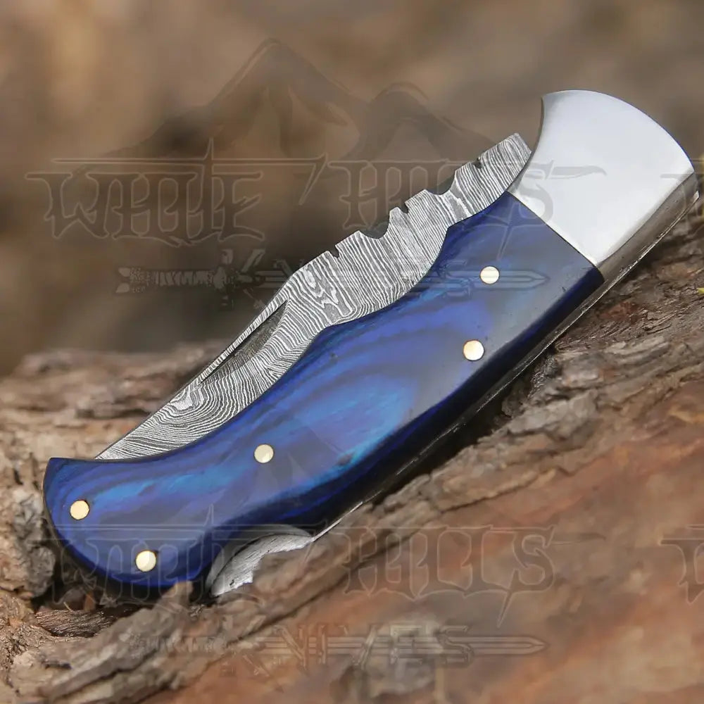 Handmade Damascus Steel Hunting Folding Knife With Pocket Clip - Camping Blade With Wood Handle Wh