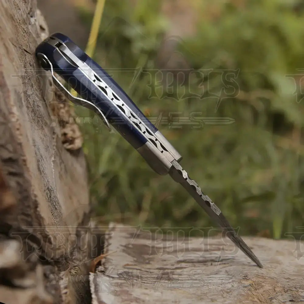 Handmade Damascus Steel Hunting Folding Knife With Pocket Clip - Camping Blade With Wood Handle Wh