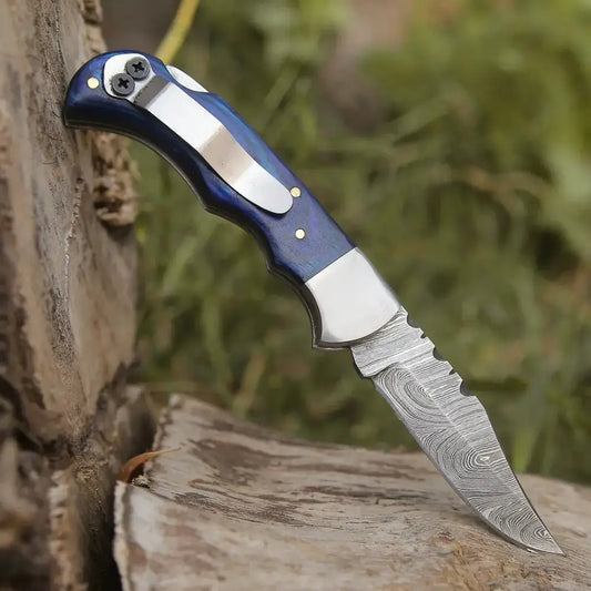 Handmade Damascus Steel Hunting Folding Knife With Pocket Clip - Camping Blade With Wood Handle Wh
