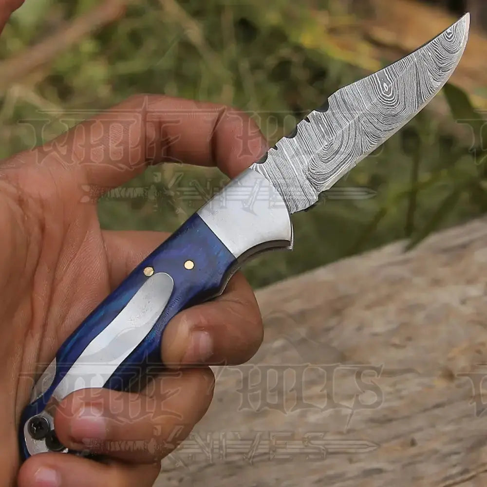 Handmade Damascus Steel Hunting Folding Knife With Pocket Clip - Camping Blade With Wood Handle Wh