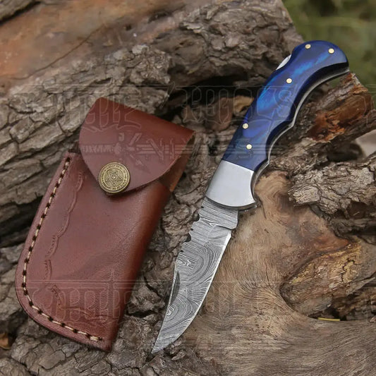 Handmade Damascus Steel Hunting Folding Knife With Pocket Clip - Camping Blade With Wood Handle Wh