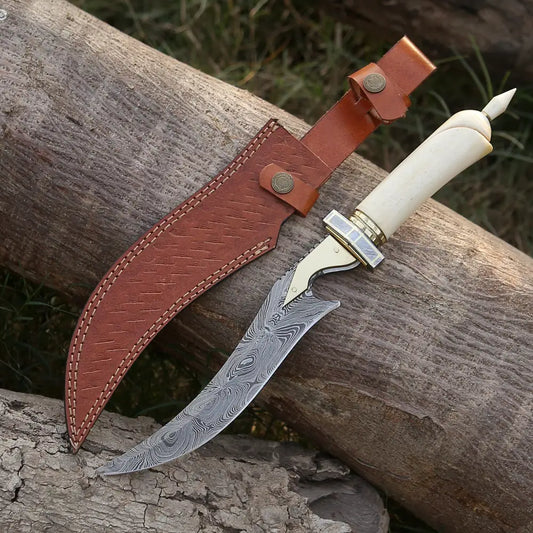 Handmade Damascus Steel Hunting Knife - 15’ Damascus Hunting Camel Bone Handle & Survival Knives