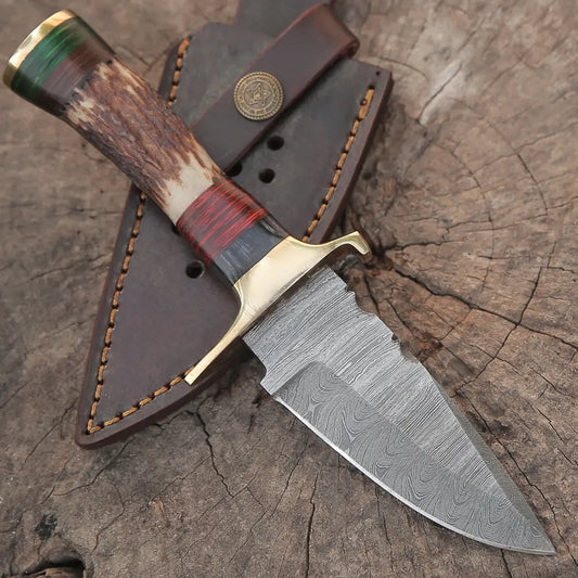 Handmade Damascus Steel Hunting Knife Stag Handle & Brass Bolsters With Leather Sheath