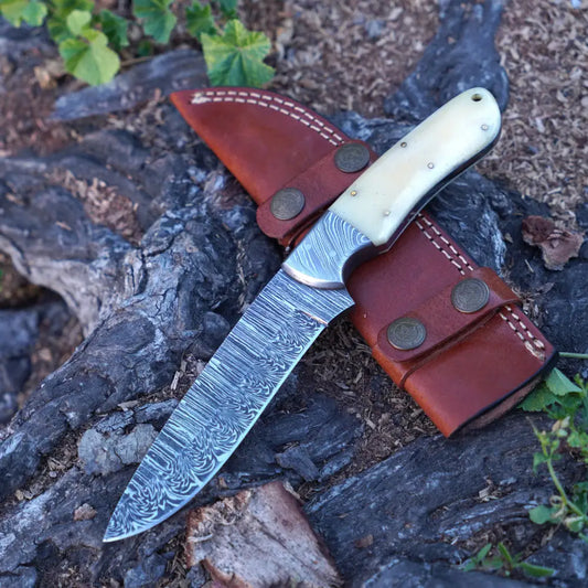 Handmade Damascus Steel Hunting Knife With Bolster & Camel Bone Handle Skinner