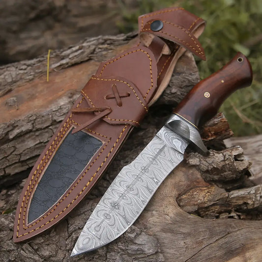 Handmade Damascus Steel Hunting Knife With Rose Wood Handle Skinner