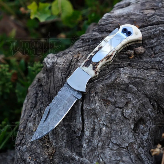 Handmade Damascus Steel Hunting Pocket Folding Knife With Clip - Camping Blade With Bone & Wood