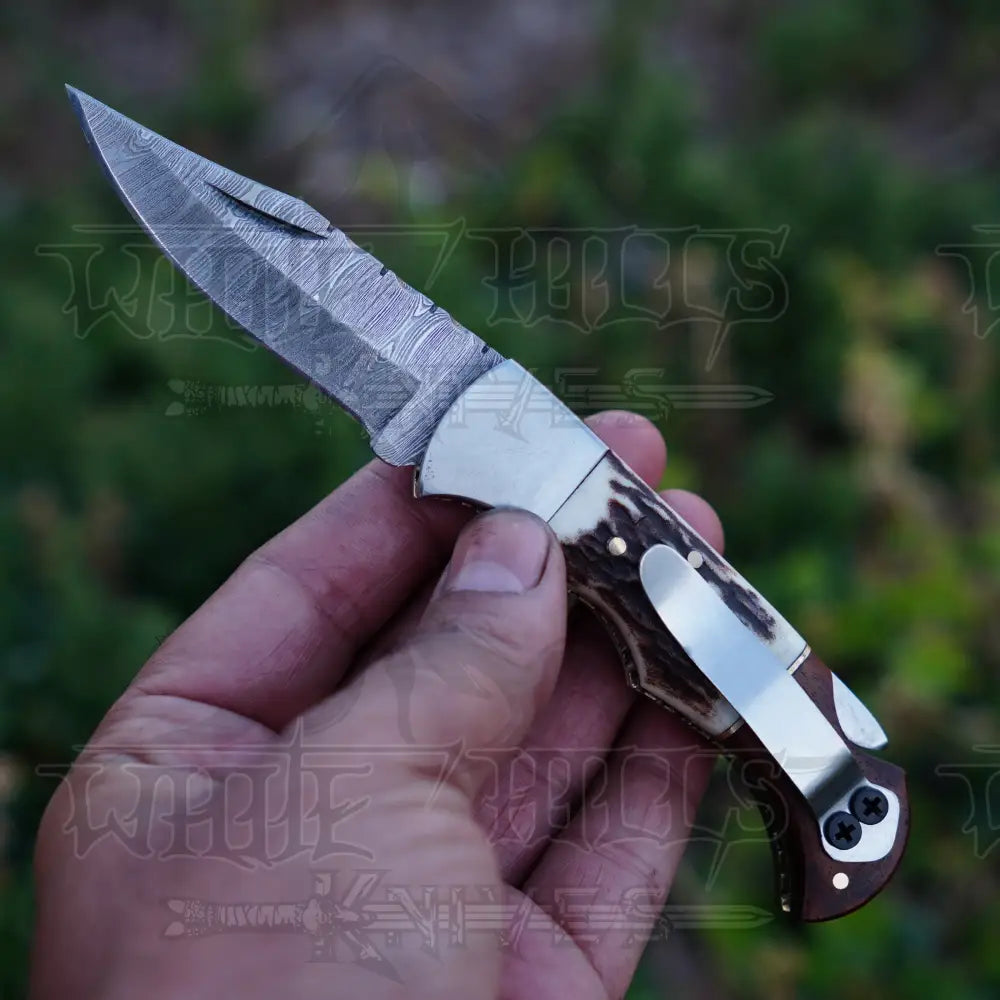 Handmade Damascus Steel Hunting Pocket Folding Knife With Clip - Camping Blade With Stag & Wood