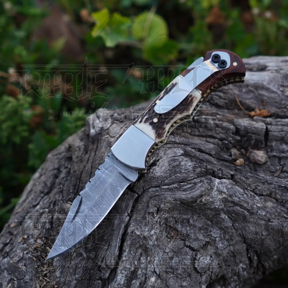 Handmade Damascus Steel Hunting Pocket Folding Knife With Clip - Camping Blade With Stag & Wood