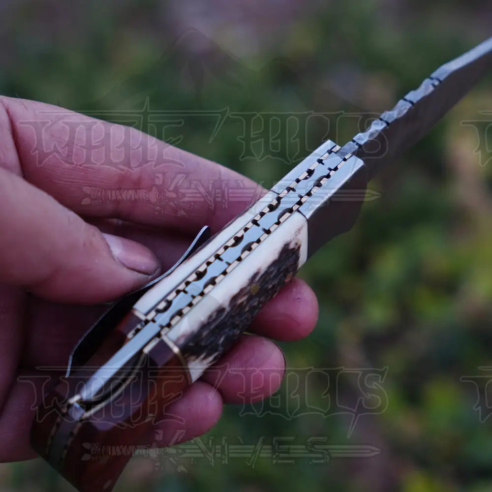 Handmade Damascus Steel Hunting Pocket Folding Knife With Clip - Camping Blade With Stag & Wood